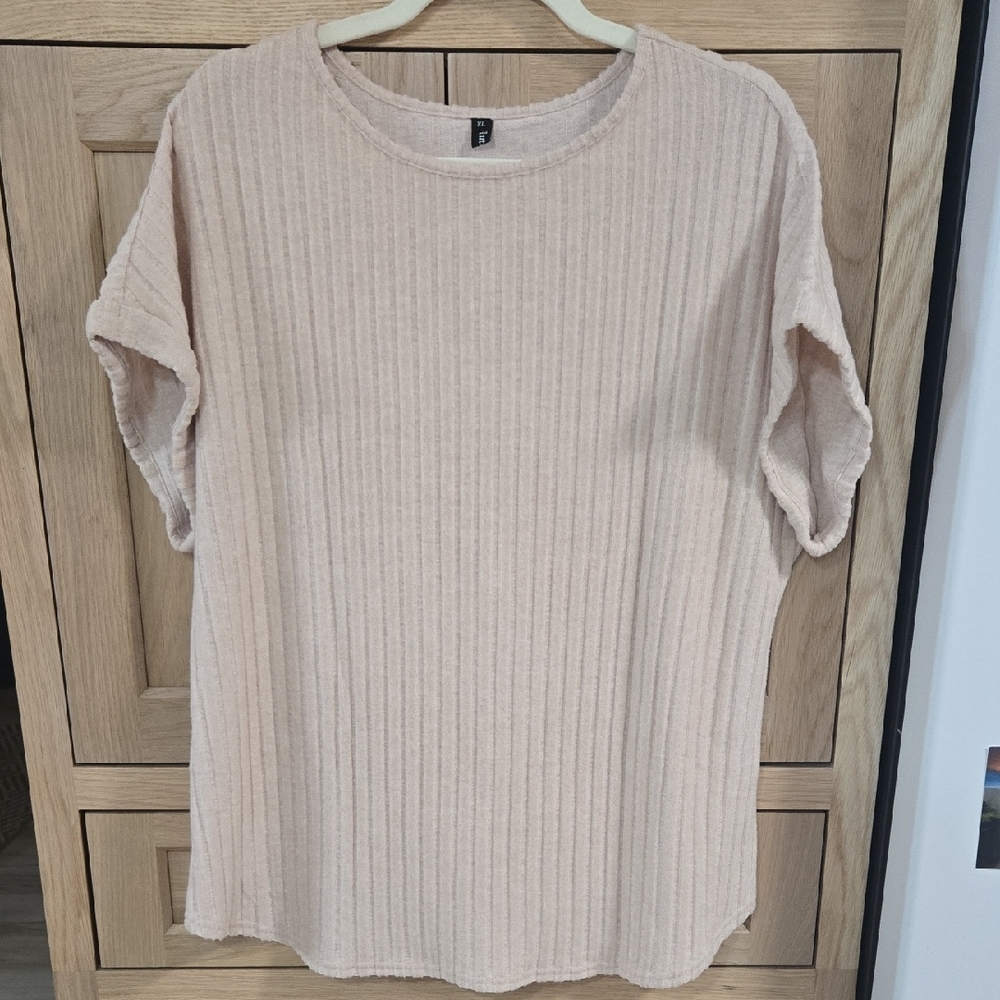 Casual Beige Ribbed Short Sleeve Top